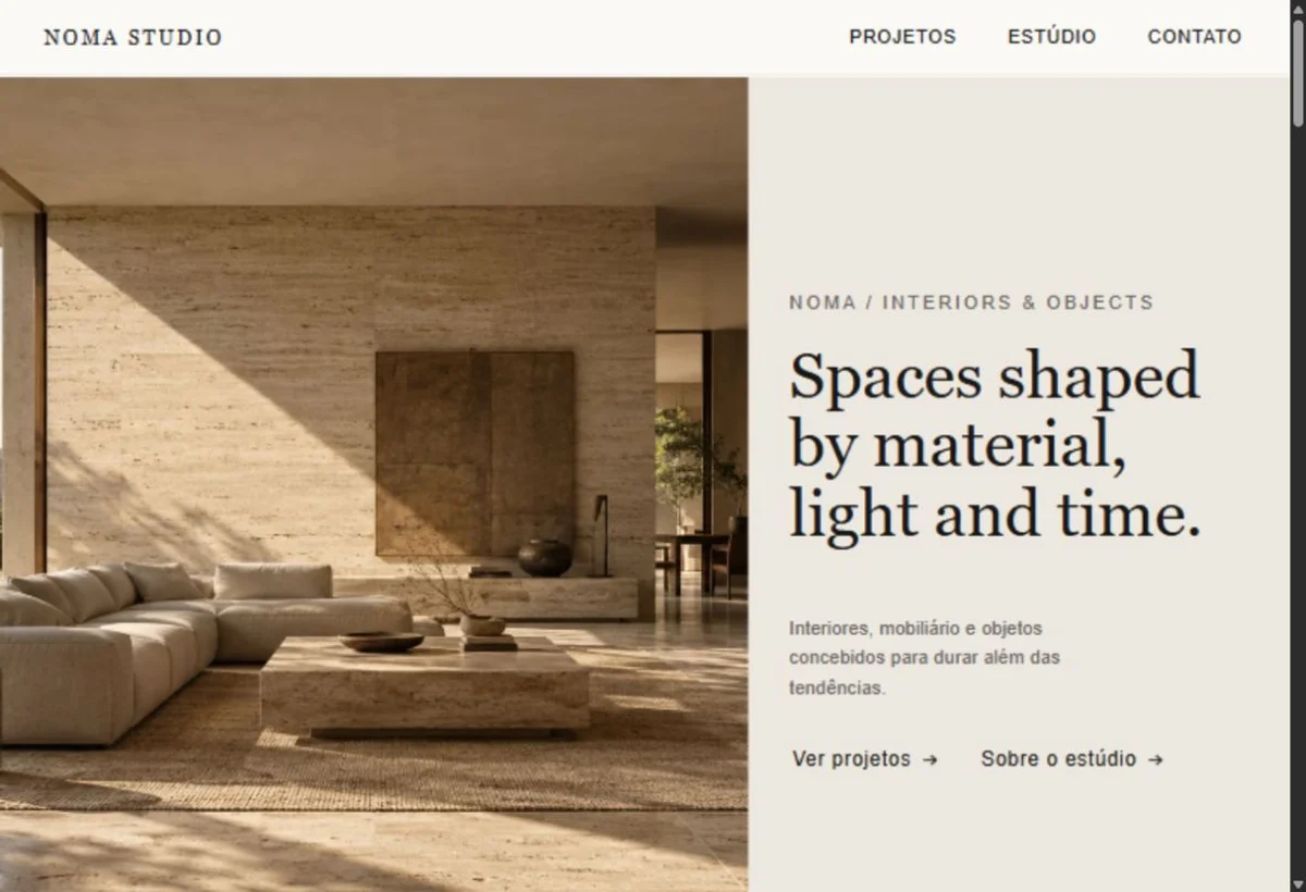 Captura real do NOMA Studio: interior em pedra e madeira, fundo off-white e tipografia editorial.